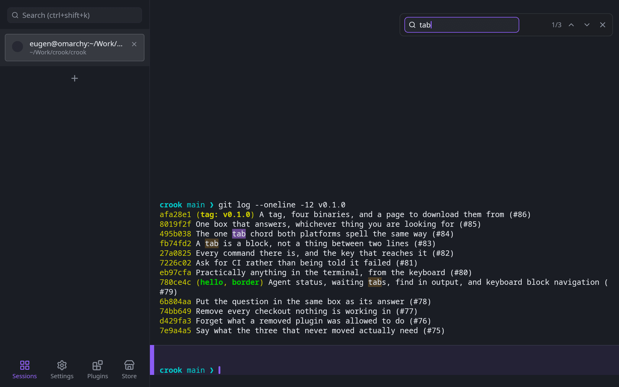 The find bar over a pane, reading tab, counting three matches and highlighting them in the output