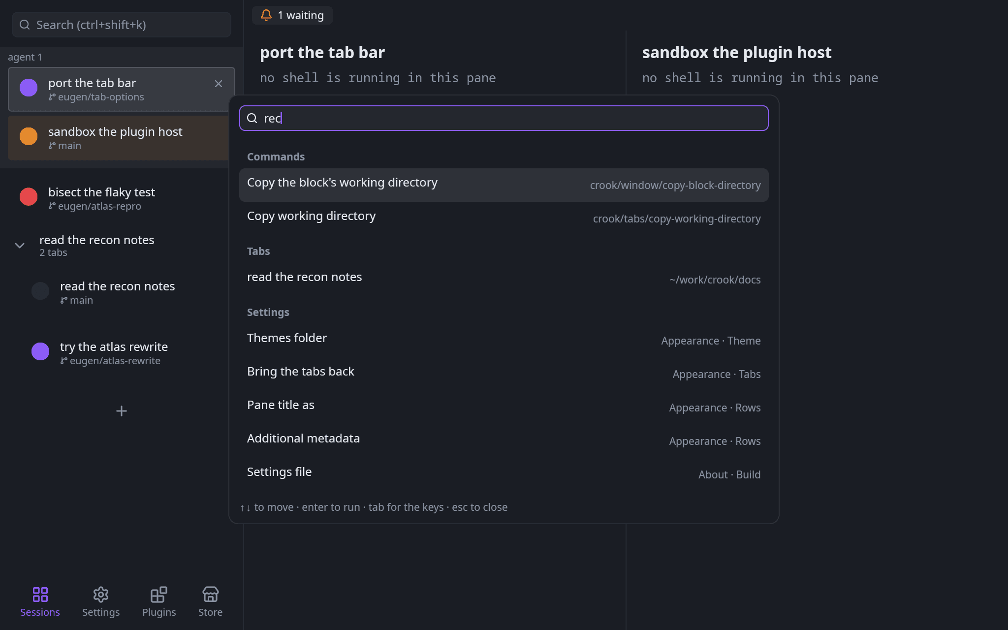 The command palette reading rec: two commands, one tab with its directory, and five settings rows naming the page each lives on